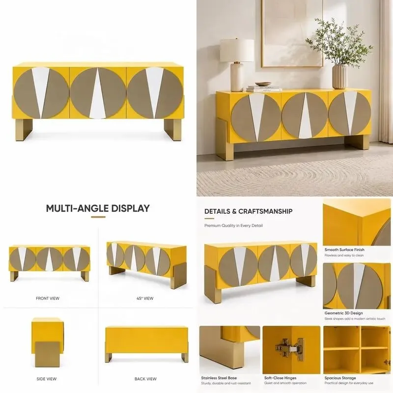 Modern Luxury Geometric Side Cabinet Yellow Art Deco Buffet with Metal Legs for Villa Hotel Projects OEM ODM