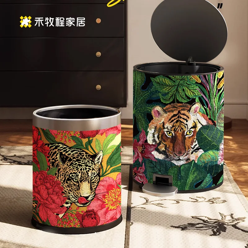 

YFY stainless steel household trash can creative living room retro beast large sanitary paper basket with lid