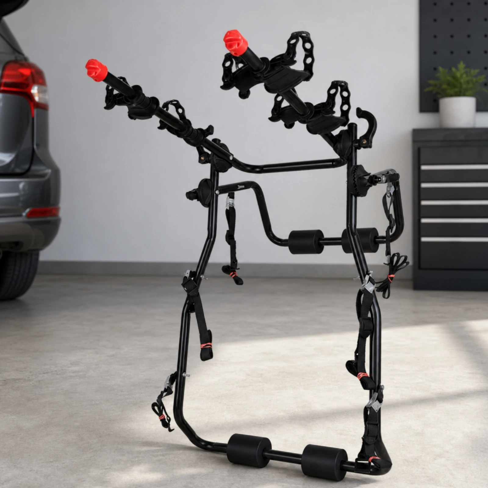 Trunk Bike Rack Strap-on Trunk-Mounted Two-Wheeler Rack Rear-Mount Bike Carrier Anti-Scratch Secure for Cyclists, Road Trips