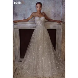 Bella Glitter Spaghetti Strap Evening Dress Elegant Sleeveless فستان حفلات الزفاف Floor-length Heart Shape Neck Wedding Dress