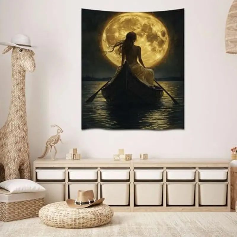 VIKAMA Golden Full Moon Woman Boat Oil Wall Tapestry Dark Night Water Reflection Female Back Rowing Fantasy Painting Bedroom