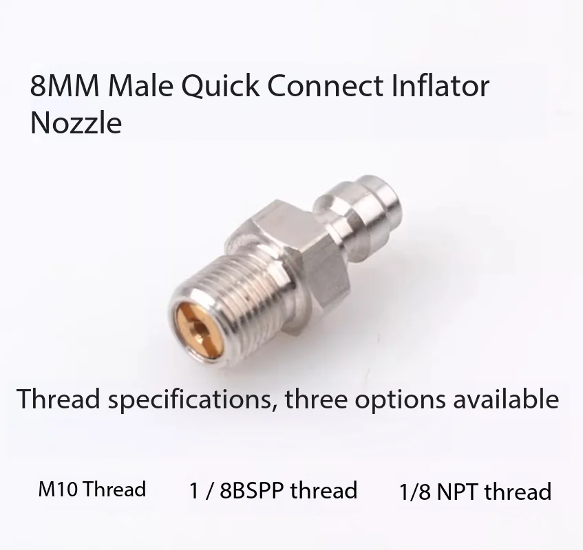 High-pressure 8mm quick-connect male stainless steel fitting with one-way valve, air nozzle M10*1, threads 1/8 NPT, 1/8 BSPP
