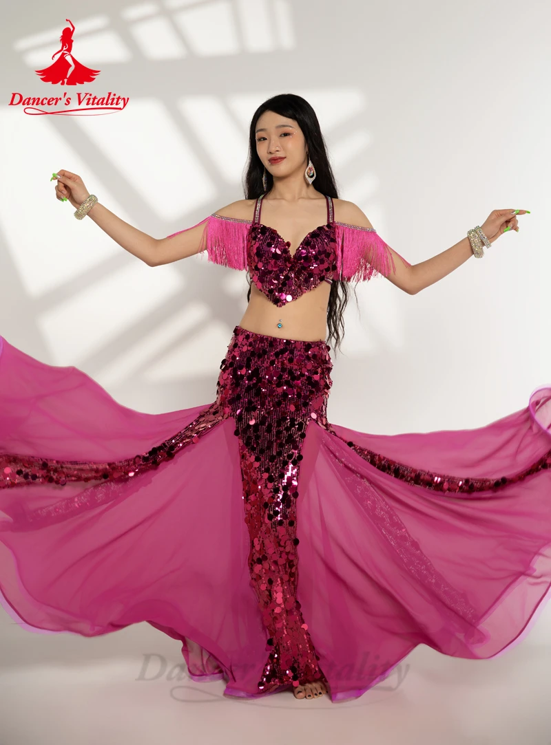 Belly Dance Performance Costumes for Women Big Sequins Bra Top+long Skirt 2pcs Oriental Belly Dance Competiton Weat Clothing