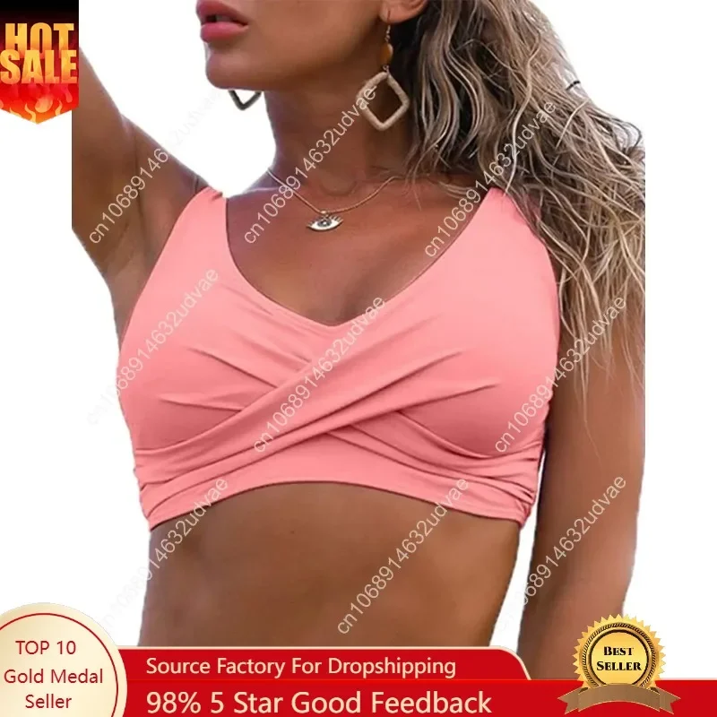 Fanuerg Women's Twist Front Bikini Top V Neck Push Up Padded Swimsuit Top Bathing Suits