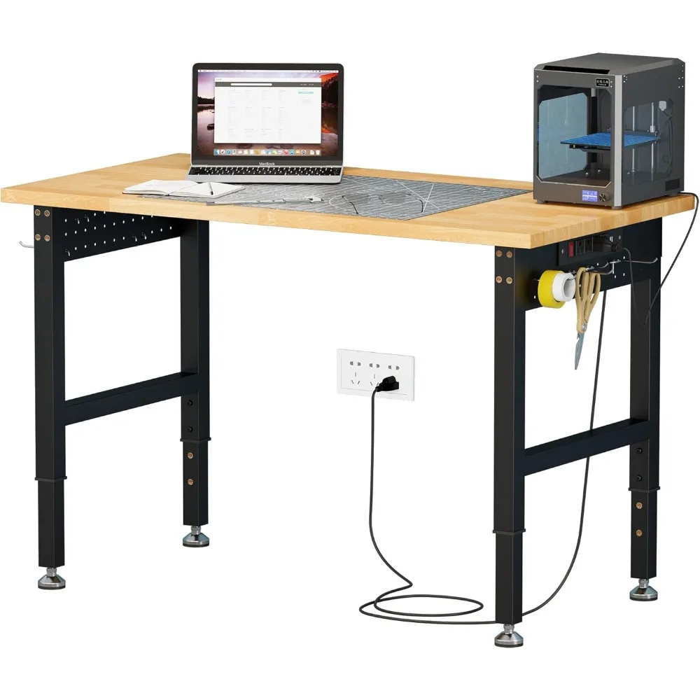 Verstelbare heavy-duty werkbank met 4 stopcontacten en 2 USB-poorten stopcontacten, capaciteit van 2000 lbs, rubberen houten blad voor garage