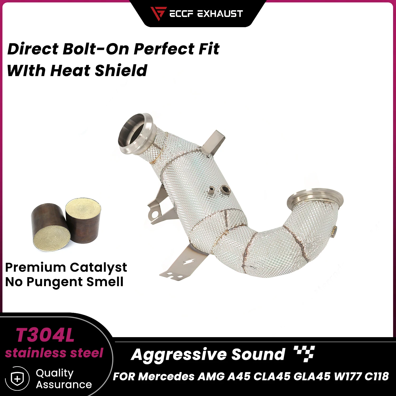 

Sporty High quality Downpipe With Heat Shield For Mercedes AMG A45 CLA45 GLA45 W177 C118 High Flow Performance Upgrade