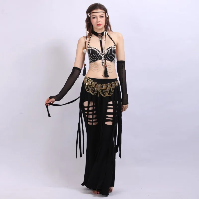 Stage performance women Tribal Style Belly Dance Costume 4 Pics Top &Tassel Tribal Pants&Bronze Belt&Shell Headdress&Arm Sleeve