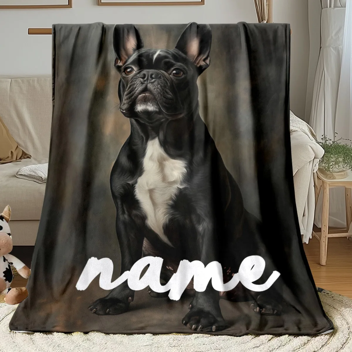 Personalisierte Decke mit individuellem Namen, französische Bulldogge, weiches Flanell mit schwarz-braunem Frenchie-Design, ganzjährig für Sofa, Bett, Camping, Zuhause