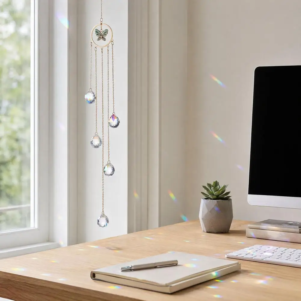 Car Hanging Decoration Wind Chime Sun Catcher with 7-color Ab Balls Faceted Light Beads Hanging Ornament Rainbow for Garden