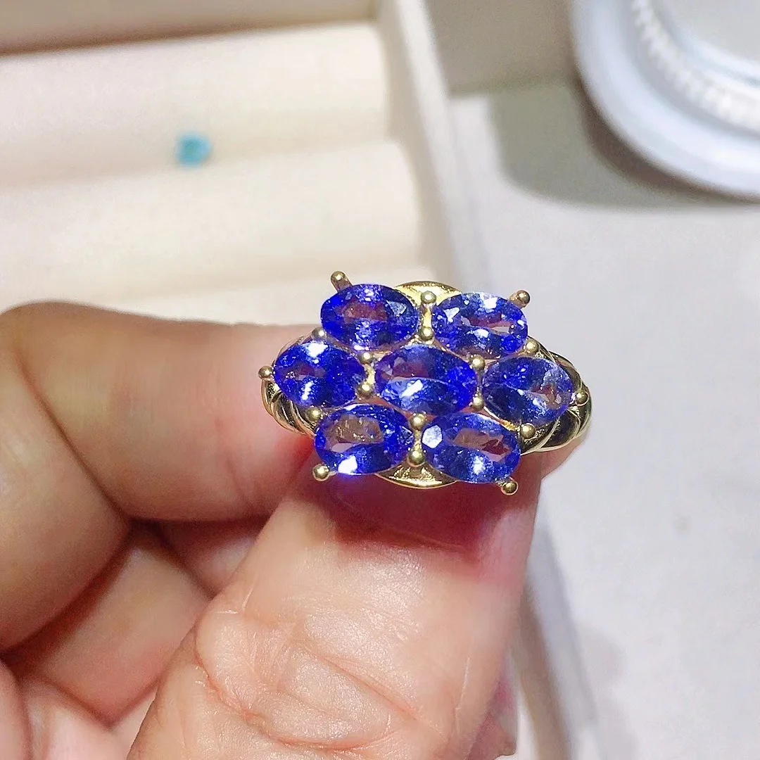 

Luxury Tanzanite Ring for Party 18K Gold Plating Total 3.5ct 4mm*6mm Natural Tanzanite Silver Ring 925 Silver Gemstone Jewelry