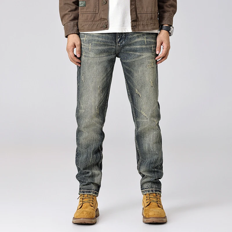 

Newly Designer Fashion Men Jeans High Quality Retro Washed Blue Stretch Slim Fit Ripped Jeans Men Embroidery Vintage Denim Pants