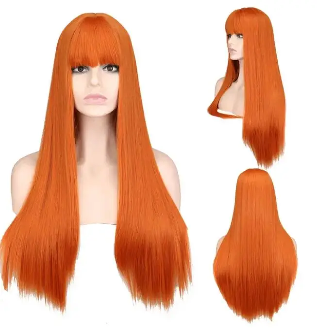 Wig Cosplay lurus panjang dengan poni rambut sintetis untuk wanita Wig tahan panas hitam merah anggur