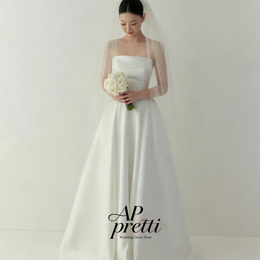 AP pretti Ivory Satin Korea Wedding Dress Photo Strapless Customized A Line Sleeveless Minimalist Bridal Simple Studio Weddings
