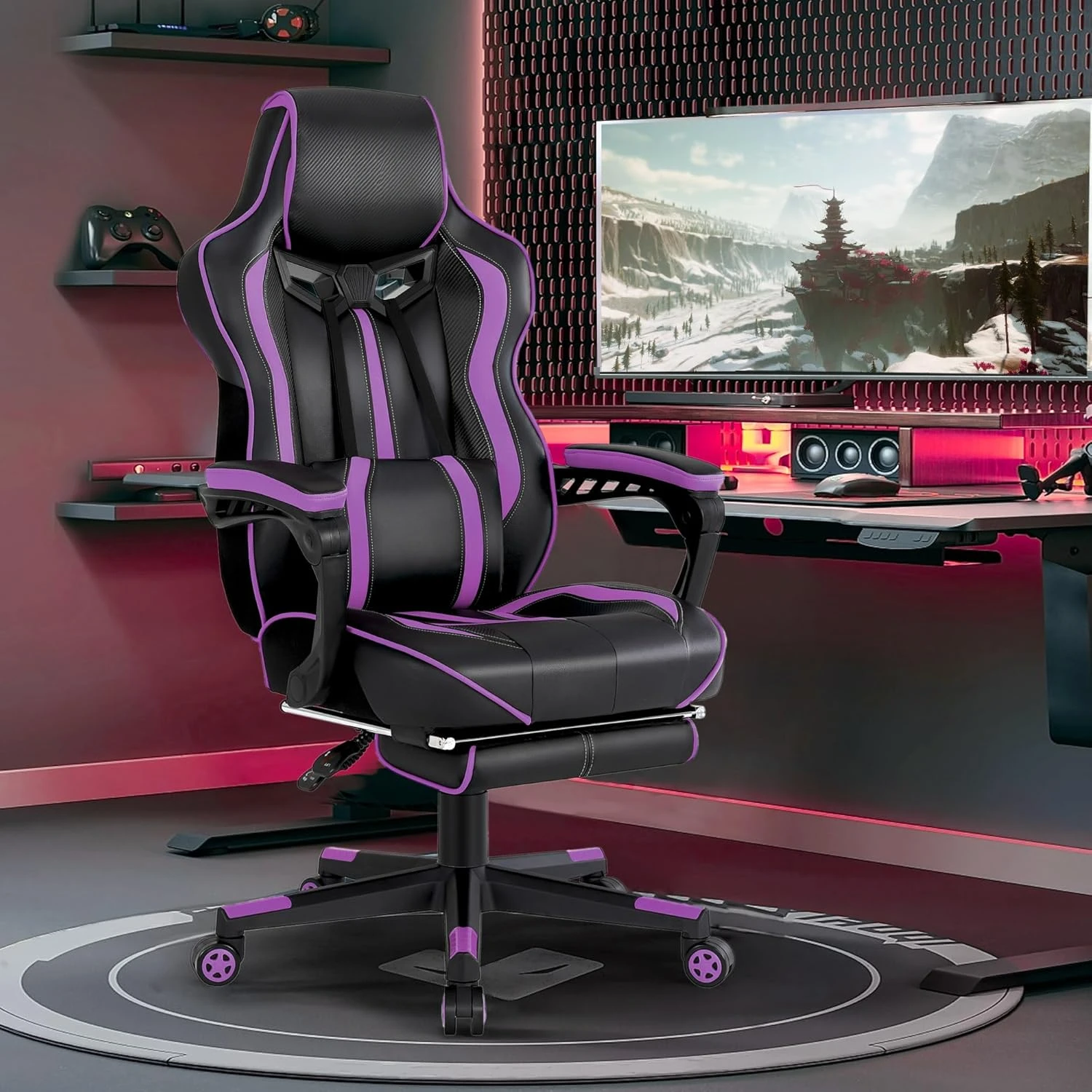 Computer gaming chairs equipped with foot pedals, adult computer gaming chairs, and ergonomic massage chairs. (Purple/Black)