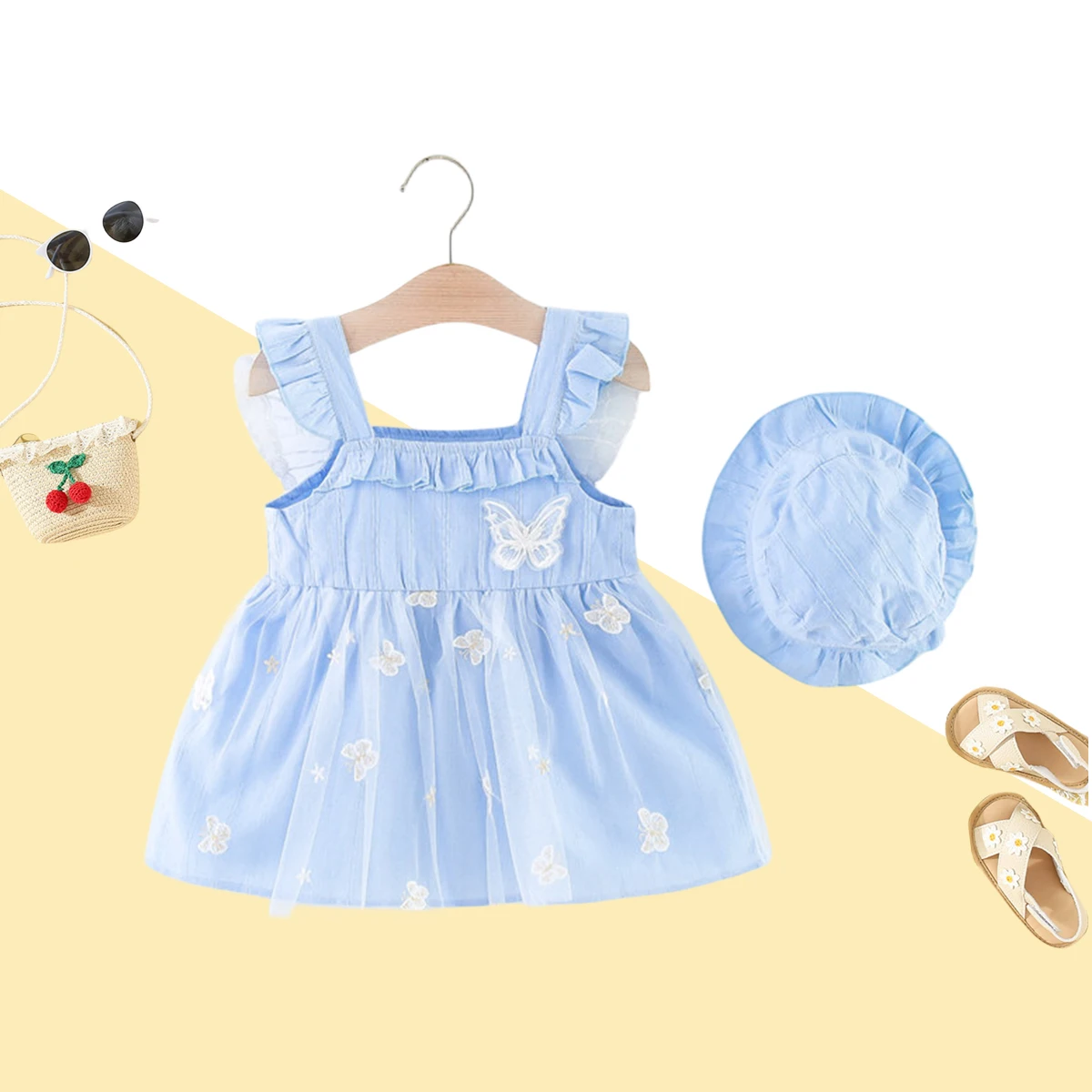 2-Piece Baby Girl Dress+Hat Baby Girl Cotton Bow Wing Fairy Suspender Dress 0-3 Year Old Children'S Clothing