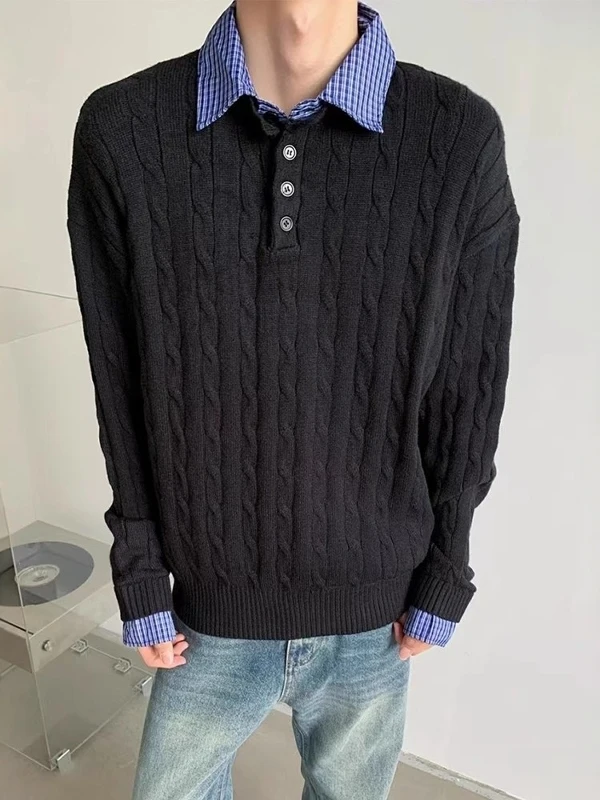 

American Retro Twisted Sweater Collar Loose Fit Knitted irt for Men Autumn Winter Casual Wear Comfortable Medium Weight