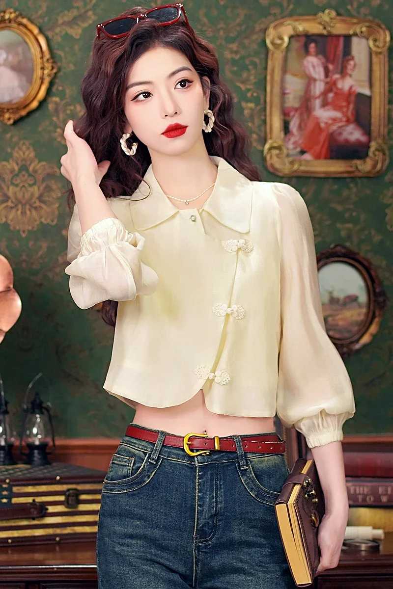 Fashion Long Sleeve Apricot Blouse Shirt Women Tops Blusas Mujer De Moda 2024 Turn Down Collar Short Blouse Women Shirts H529