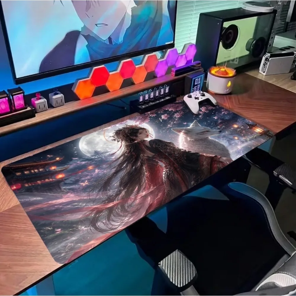 Anime girl and fox demon, white fox, Japanese aesthetics, anti-slip rubber bottom, computer keyboard pad office desk accessories