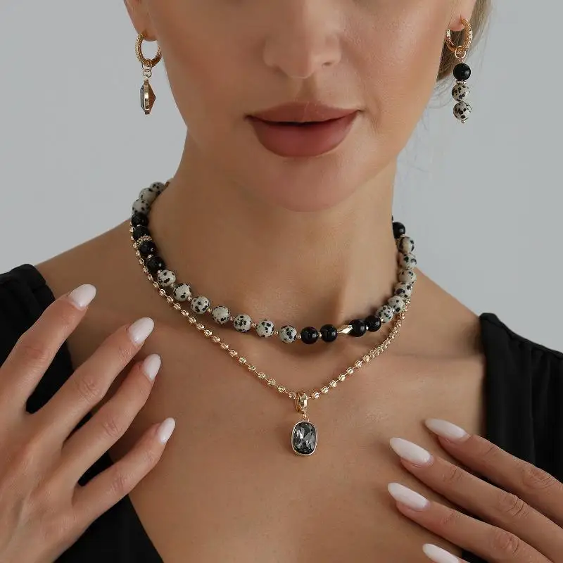 Vintage Stone Black Bead Double Layer Necklace Simple Women Daily Outfit Neck Jewelry