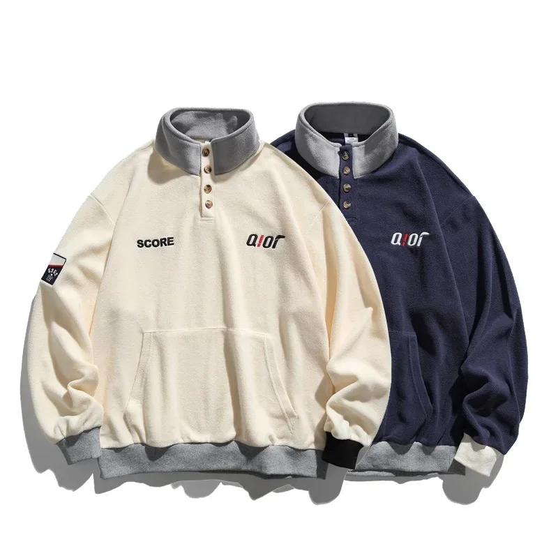 Autumn Men Stand Collar Embroidery Fleece Streetwear Cityboy Loose Casual Pullover Sweatshirts Women Oversize Hoodies Coat