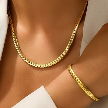 Aomogo Stainless Steel Simple Flat Cuban Chain Bracelet Necklace Jewelry Set 18k Gold…
