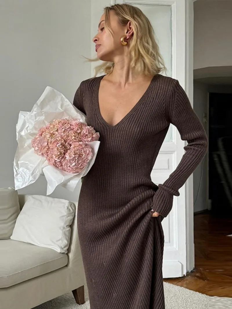 Solid Knitted Ribbed Long Dress Women Slim V-neck Long Sleeve Elegant Female Dresses 2024 Autumn Lady Casual High Street Robes