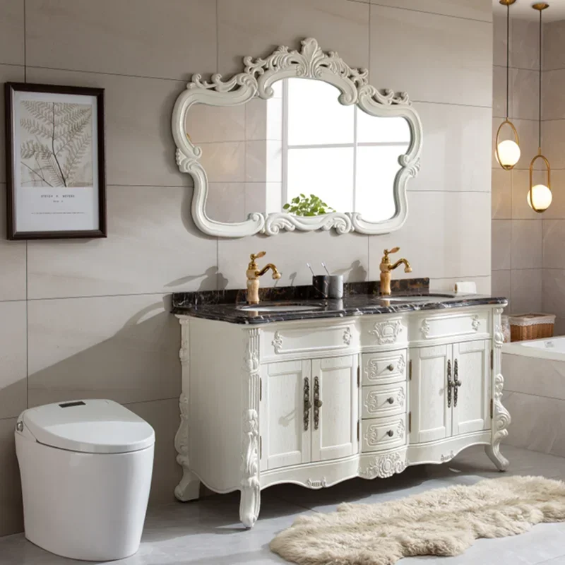 European -style Oak Bathroom Cabinet Nordic And American Red Oak Marble Dual Basin Washbasin Facial Bathroom Cabinets