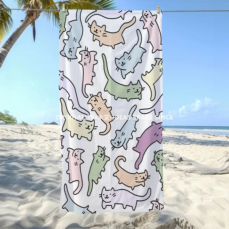 Cartoon Pastel Cats Beach Towel Patterned Sunscreen And Windproof Suitable For Swimming Pool Camping Travel