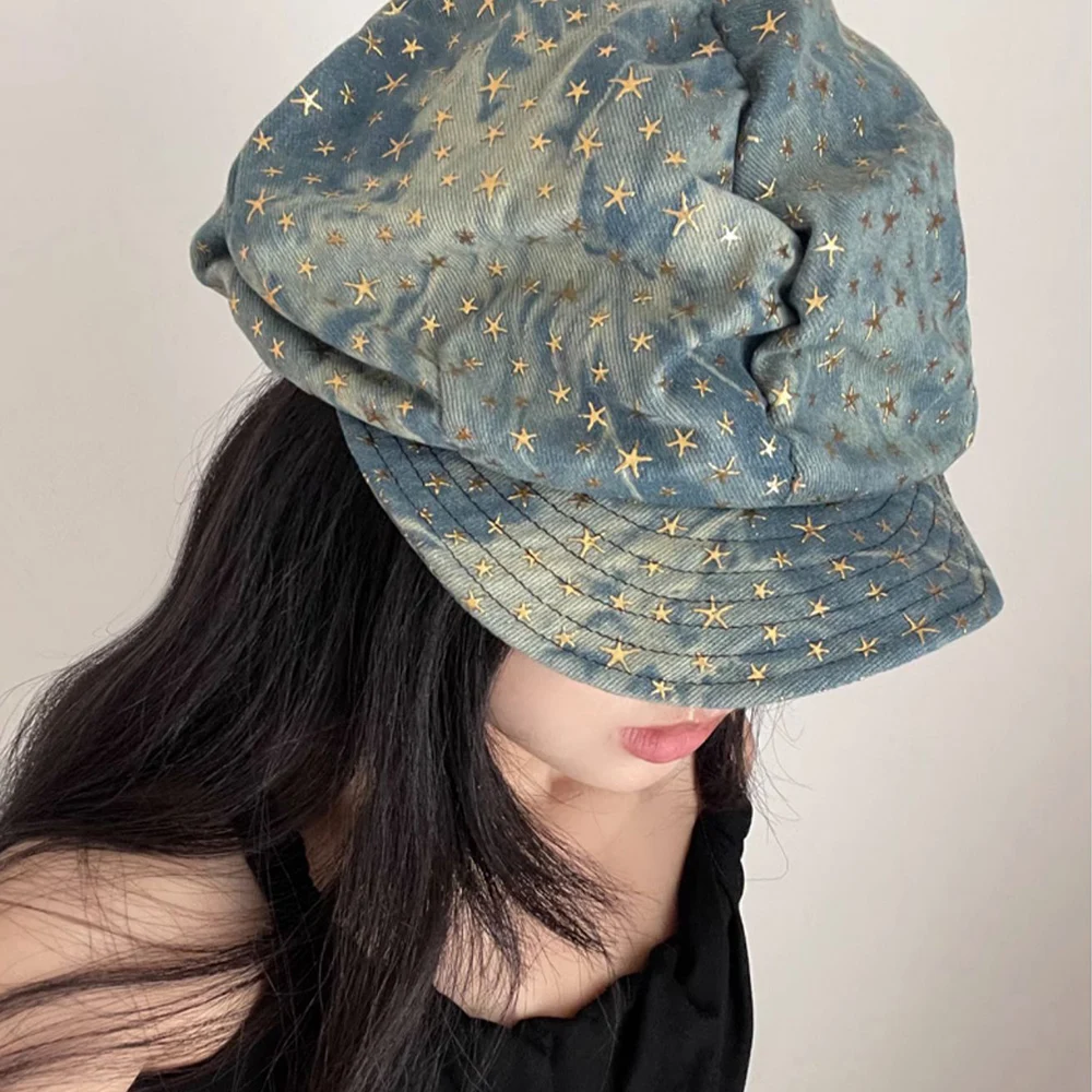 Vintage Y2k Star Sequin Beret Newsboy Hat Painters Hats Denim Fabric Caps Korea Fold Tie Dyeing Hat Hip Hop Punk Accessories