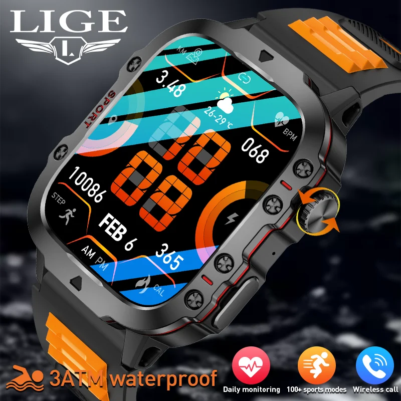 

Мужские умные часы LIGE Outdoor Military с Bluetooth-звонками, спортивным монитором сердечного ритма, водонепроницаемостью IP68, 1,96-дюймовым HD-экраном