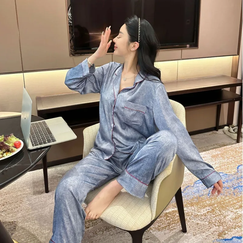 2025 Autumn Winter Blue Ice Silk Couple Pajamas Women Classic High-End Long Sleeve Pant Two Piece Set Nighty Nightgown Sleepwear