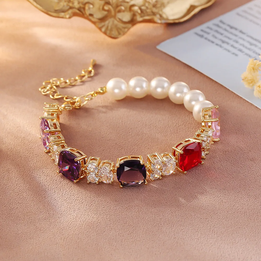 

Fashionable and exquisite light luxury micro-paved colorful zircon pearl stitching bracelet versatile personalized hand jewelry
