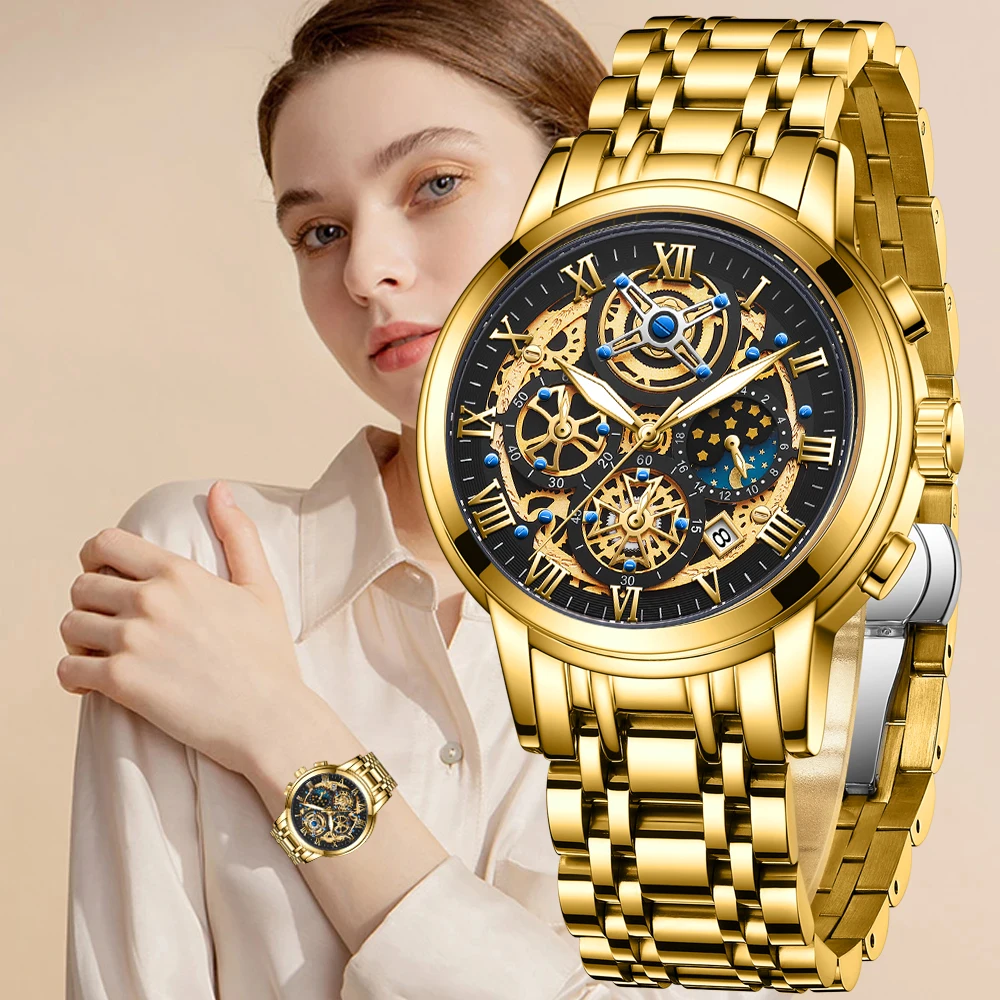 LIGE Brand Fashion Gold Quartz Watch For Women Casual Military Chronograph Wristwatches Waterproof Women Watch Relogio Feminino
