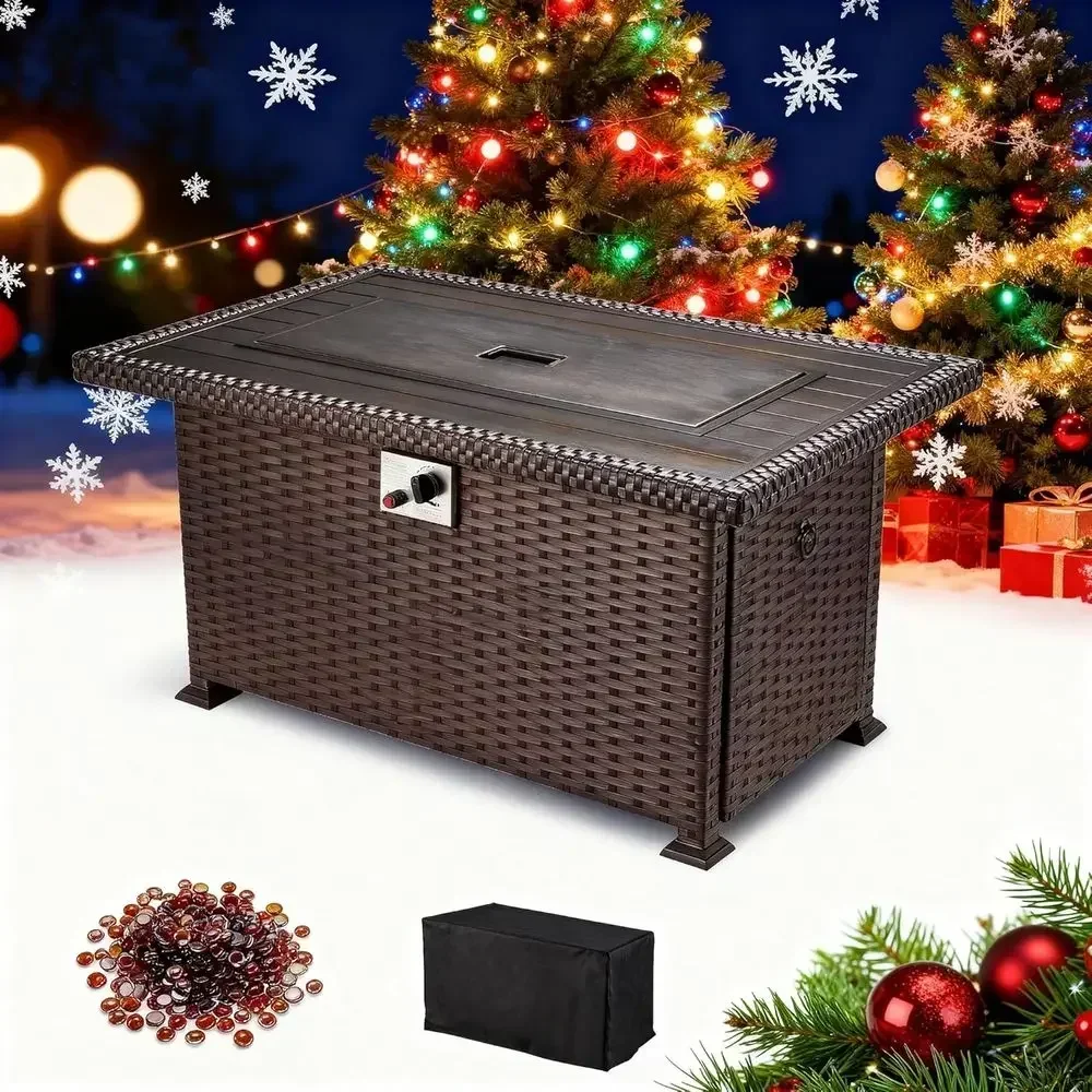 44-inch Outdoor Propane Fire Pit Table with 50,000 BTU Auto-Ignition, Black Glass Top and Blue Glass Rocks, Brown Rattan, CSA Ce