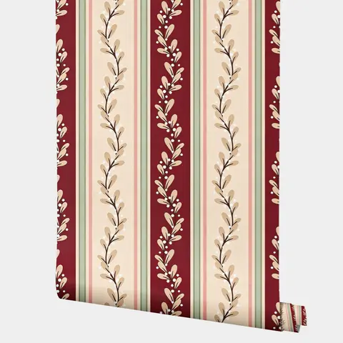 French Country Berry Vine Striped Wallpaper Elegant Leaf Sprigs And Tiny Berries Multitone Vertical Bands Classic Provincial Flo