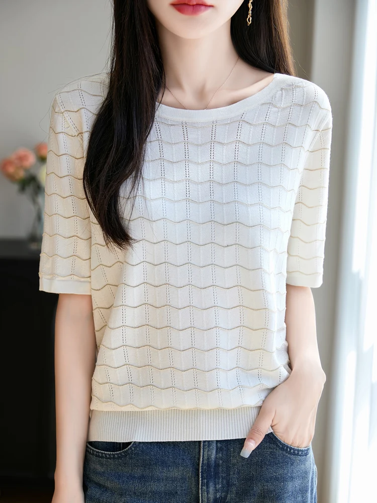 

TLOML Spring Summer Women's Wool Sweater Golden Thread O-neck Wave Hollow-out Short Sleeve Pullover Cashmere Knitwear Casual Top