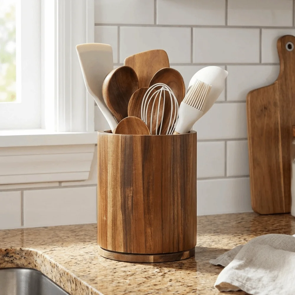 

Деревянная подставка для кухонных принадлежностей 360° ° Вращающаяся подставка для столовых приборов в стиле фермерского дома, вместительный органайзер для палочек для еды