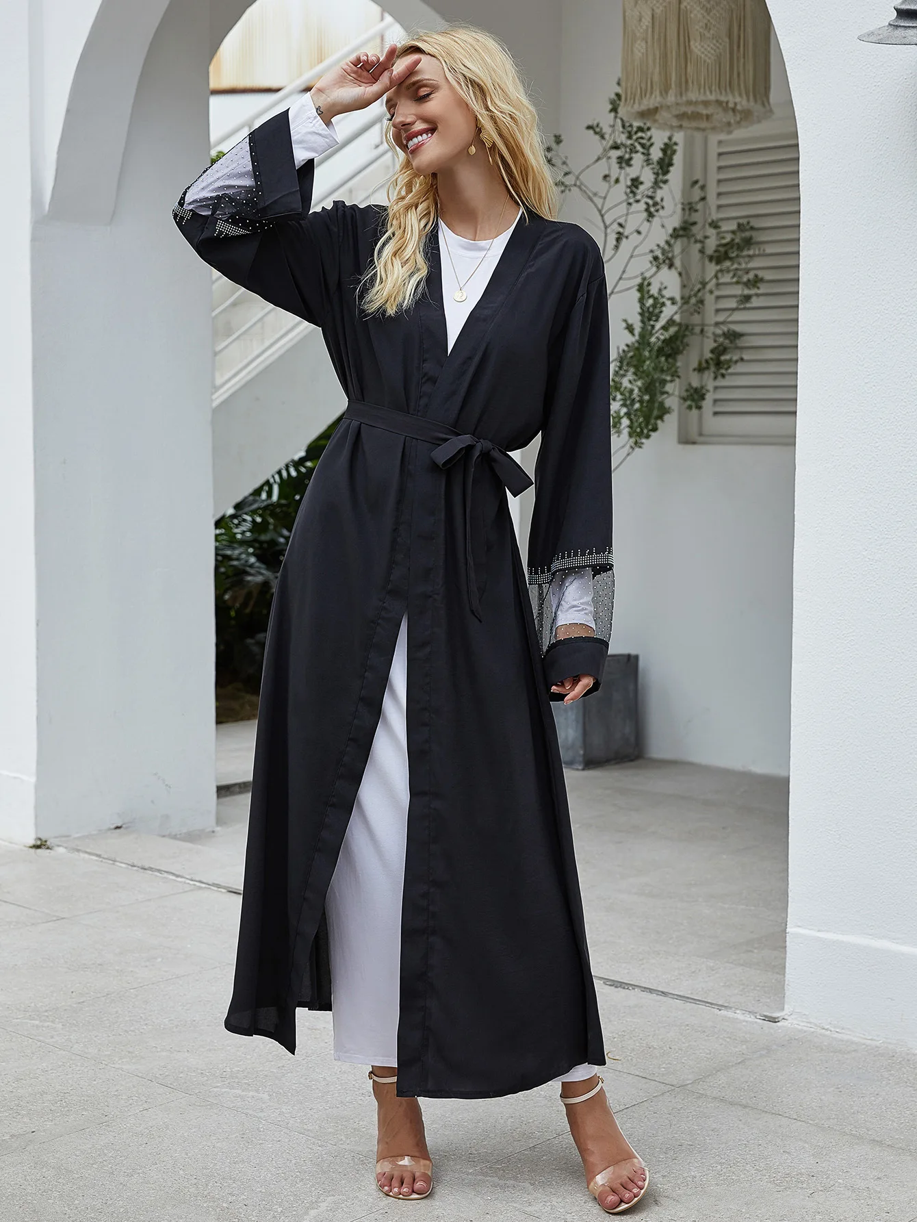 

Fashion Women's Mesh Splicing Hot Drill Muslim Cardigan Robe 1824 Long Dress Robe Abaya Ramadan Dubai Luxury Islam Elegant