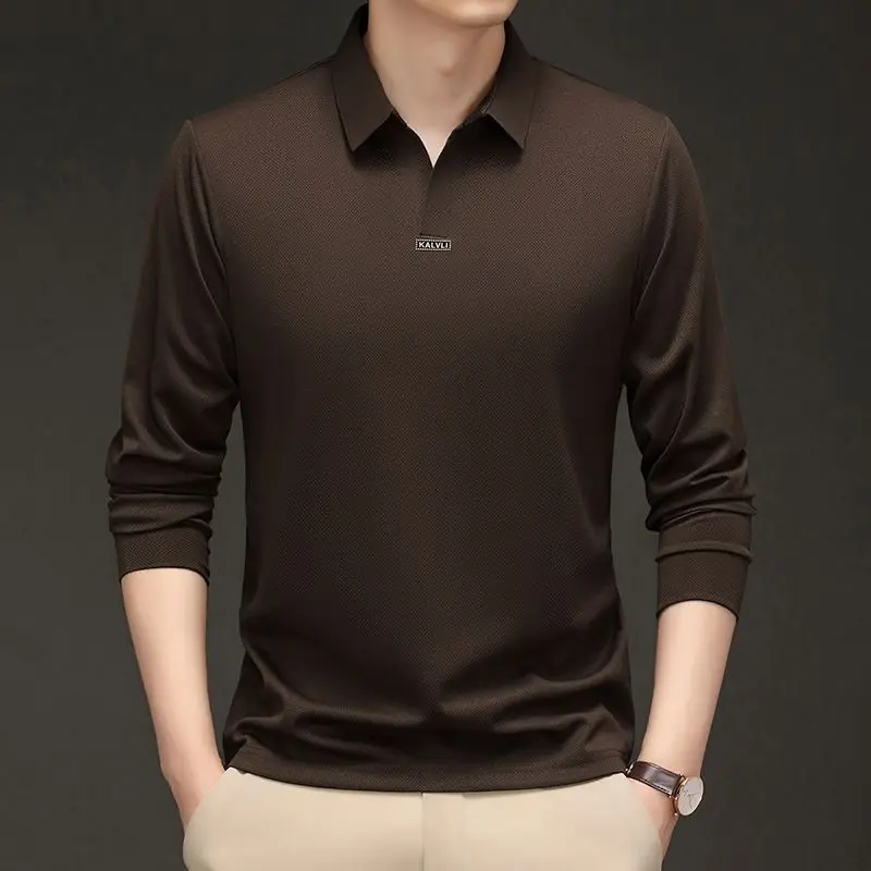 

Spring and Autumn Men New Spliced polo Collar Fashionable Solid Color Slim and Versatile Minimalist Casual Long Sleeved Top