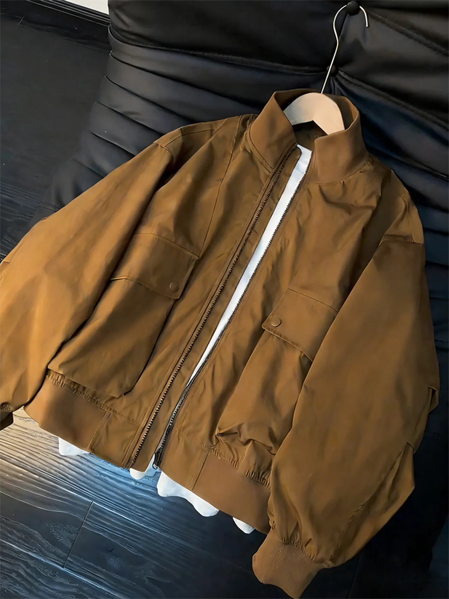 Barnes Brown Men's Spring Autumn Flight Jacket American Style Workwear Coat Three-Proof Stand Collar Baseball  Jacket