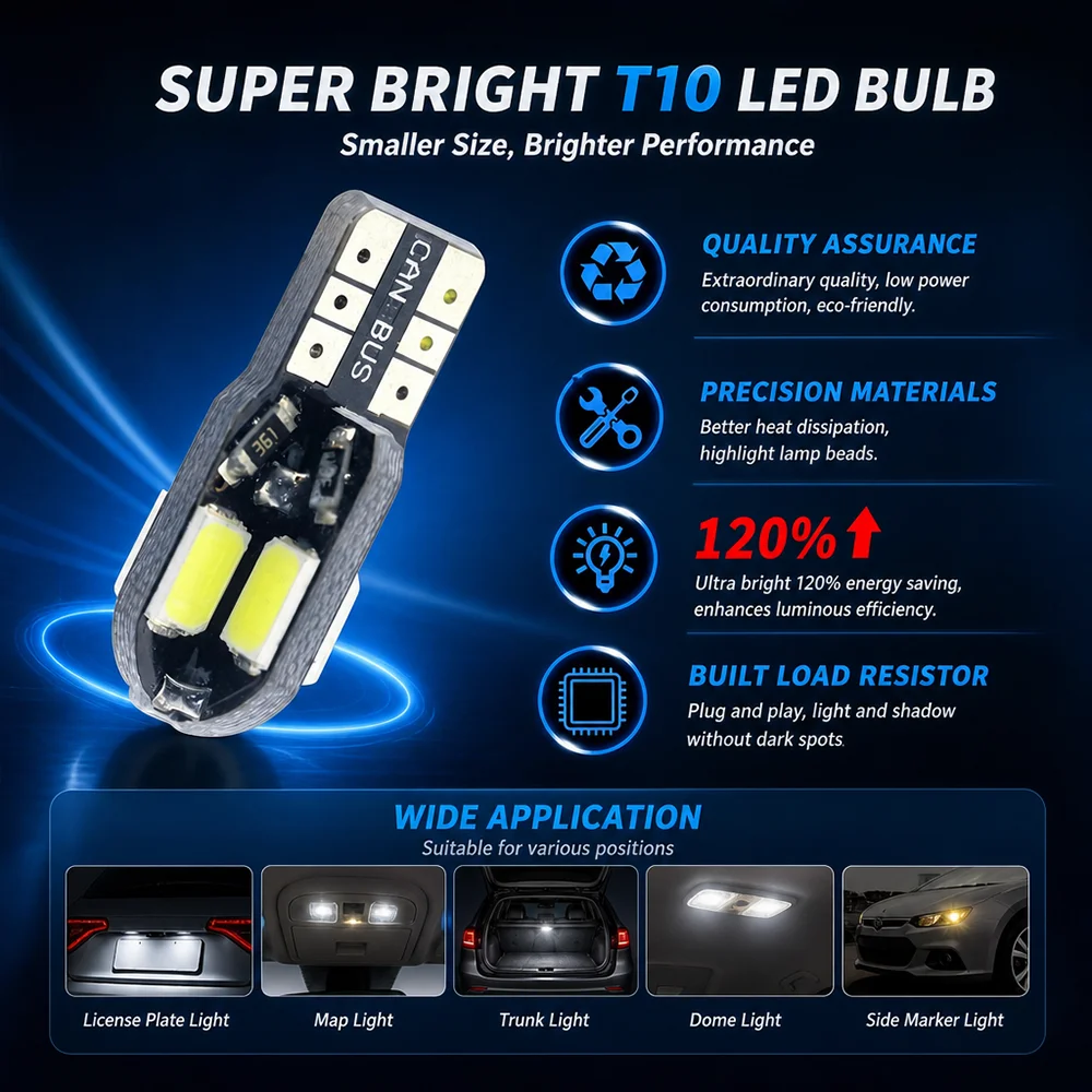 Multi-Color T10 W5W 194 LED Bulbs, CANBUS Anti-Flicker Car Interior Light, 12V Dome Side Signal Replacement Lamps