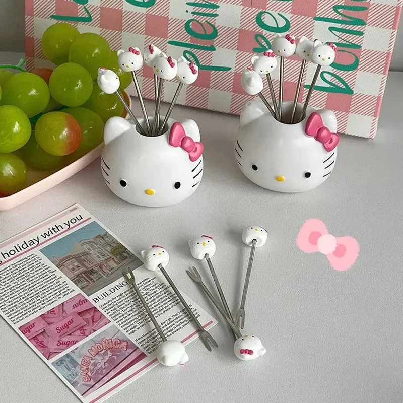 

High Face Value Anime Hello Kitty Stainless Steel Fruit Fork Cartoon Cute Girl's Heart Reusable Household Fruit Fork Girl Gift