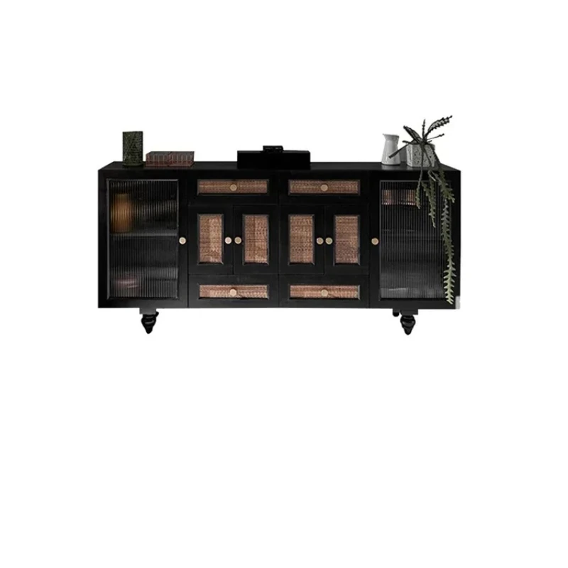 

French retro solid wood dining side tea rattan glass art medium ancient style design restaurant dining cabinet