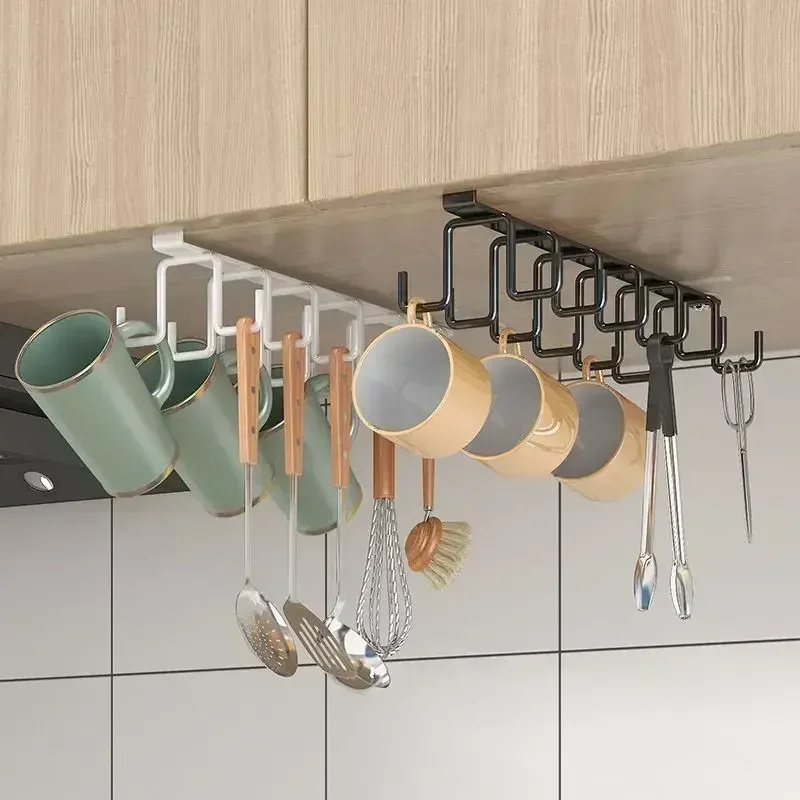 Punch-free Double-row Hooks Kitchen Cupboard Under Shelf Mug Cup Hanger Hook Iron Hanging Rack Holder Kitchen Cabinet Organizer