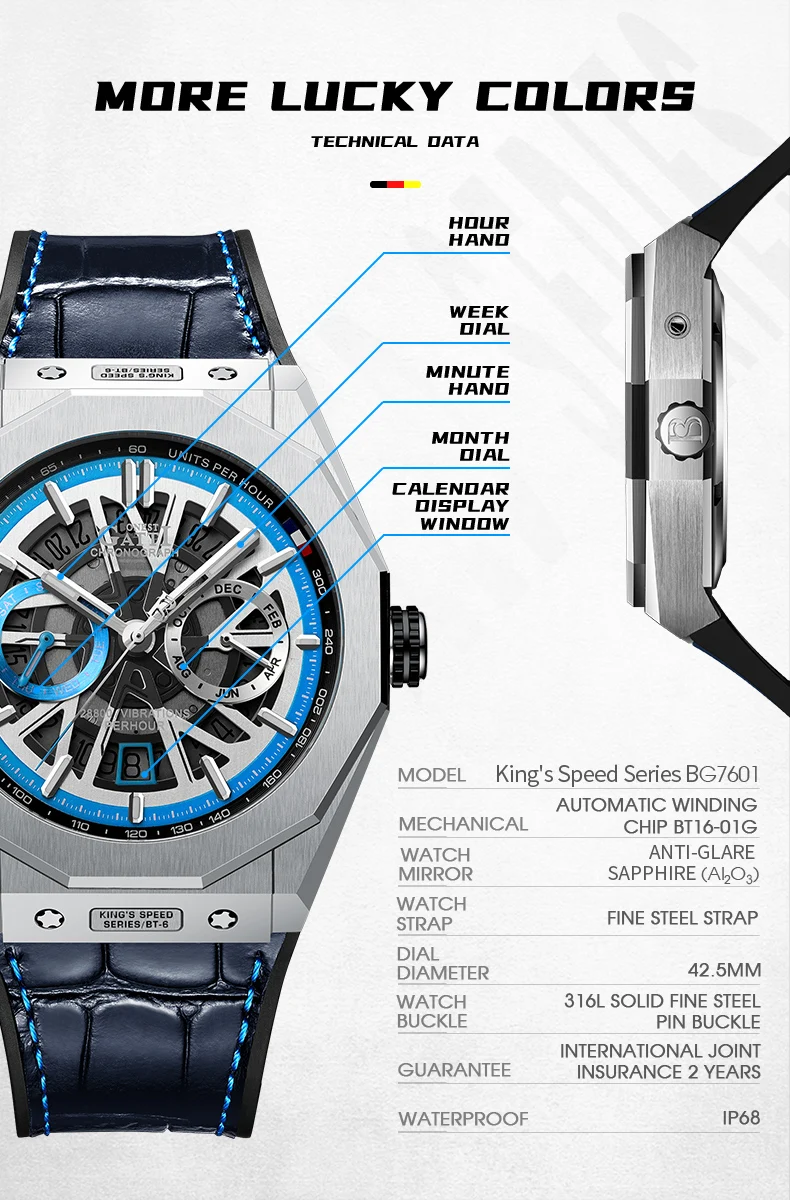 BONEST GATTI Orologio automatico da uomo Orologio da polso meccanico di lusso Scheletro Impermeabile Zaffiro Luminoso Moda Mese Settimana Data