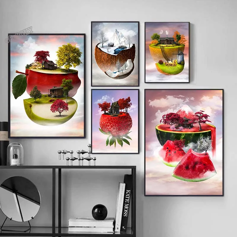 Surreal Fruits Apple Kiwi Watermelon Strawberry Land Posters Prints Wall Art Canvas Paintings Unique Fruits Pictures Home Decor