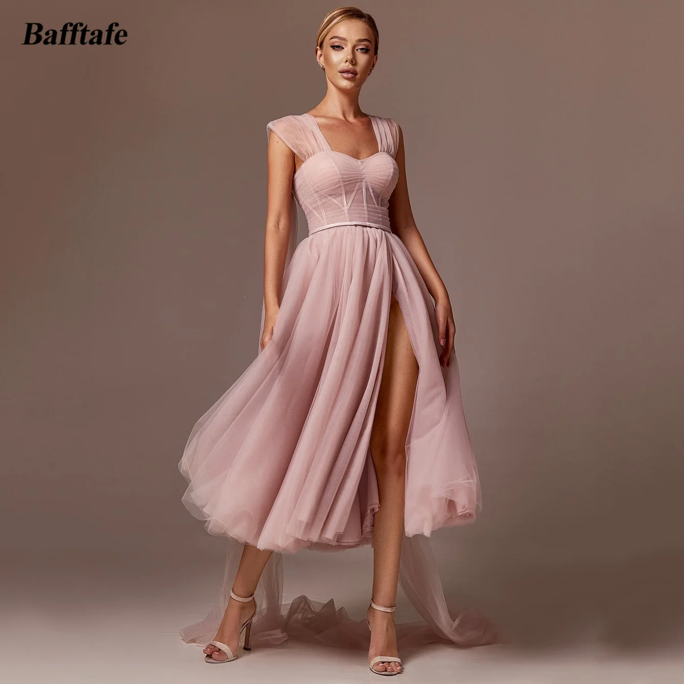 Bafftafe A Line Tea-Length Midi Prom Dresses Transpant Top Pleated Corset Back Evening Gowns Customized Women Formal Party Dress