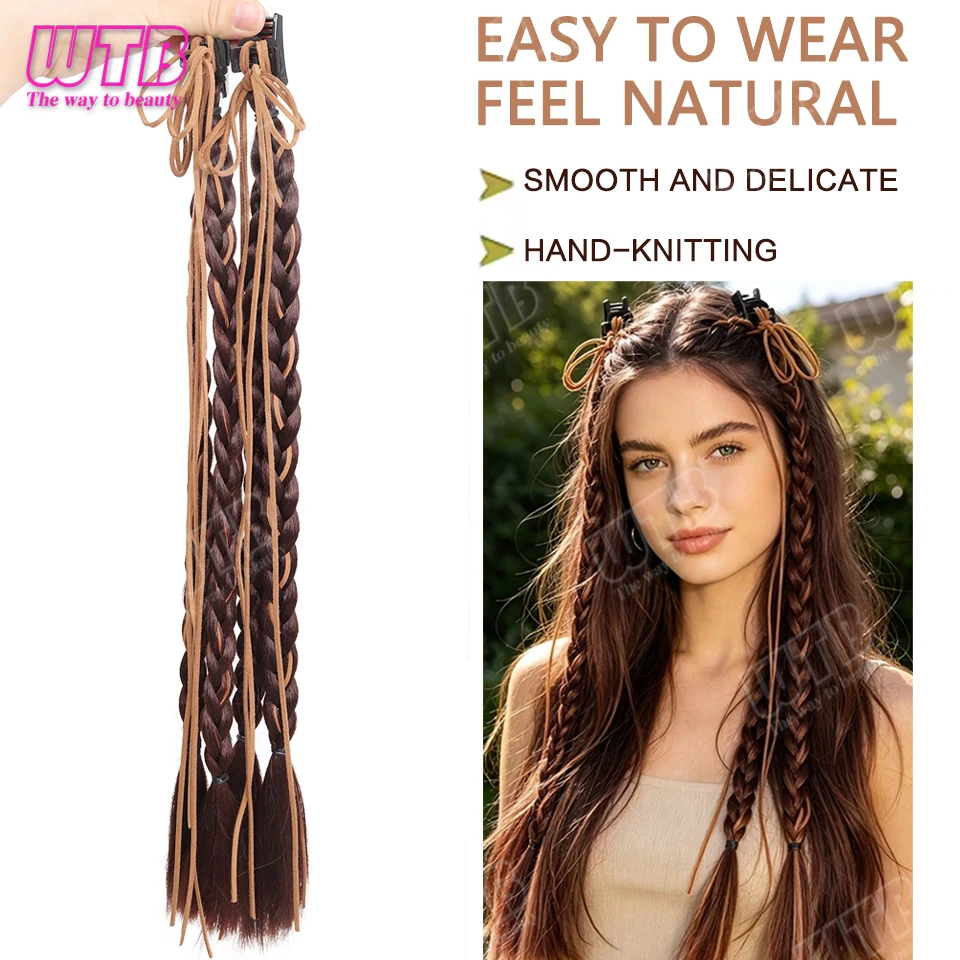 WTB 2pcs Ribbon Bow Braid Synthetic Wig with Small Clip Style Braid, Suitable for Women and Girls to Wear Everyday and Holidays