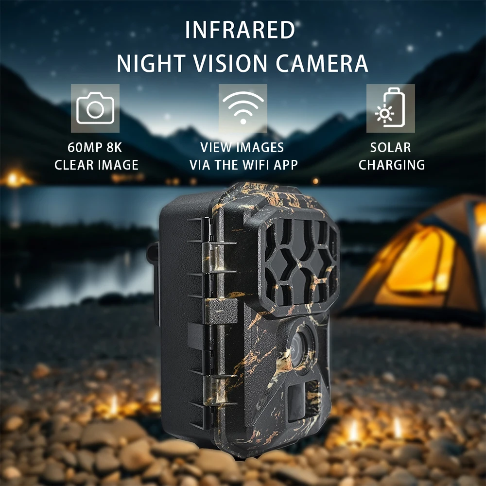 60Mp 8K Solar Infrared Camera Built-In Battery Wifi App Link to View Images Infrared Night Vision Automatic Sensing Shooting (Without Memory Card)