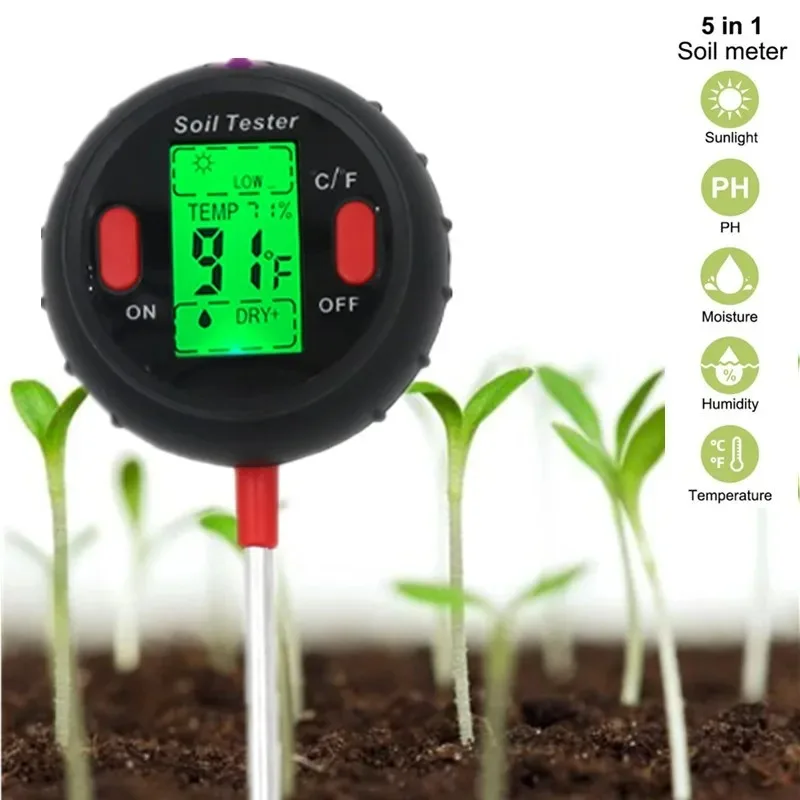 

Customizable 5 in 1 PH Soil Tester Portable Moisture Meter Humidity Thermometer Photometer Water Meter Garden Plants Hydroponics